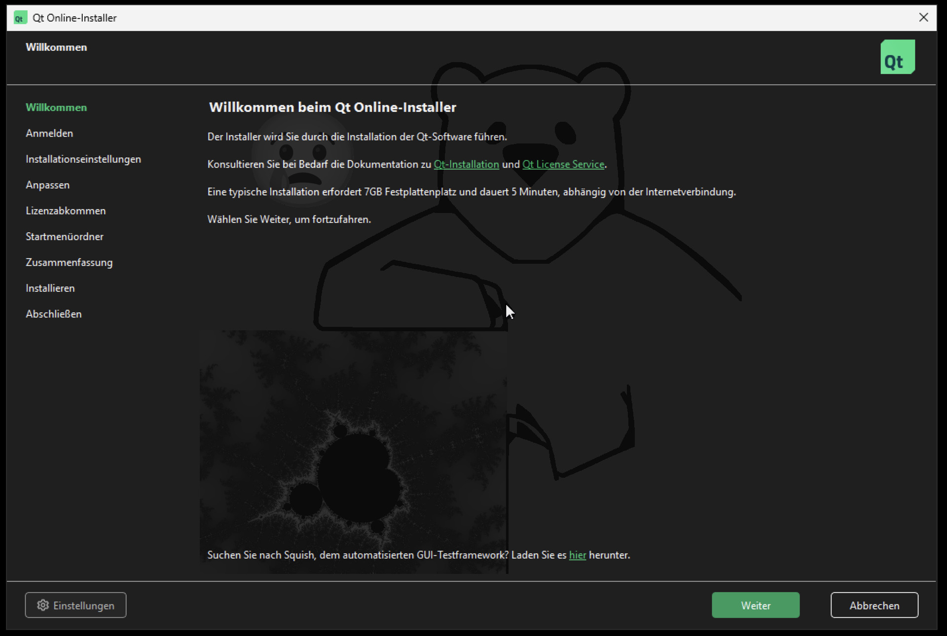 Der Willkommen Dialog des Qt Installers