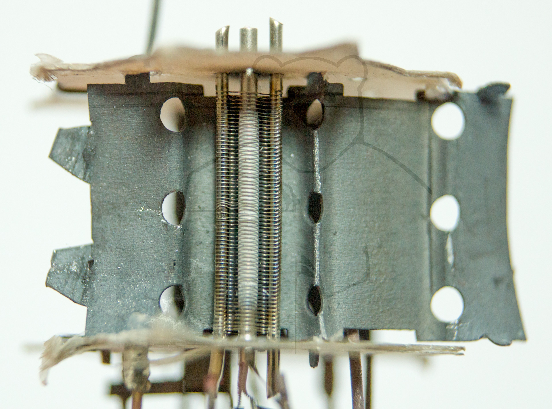 Makroaufnahme ECC81 Bild 1, Gitter, Kathode und Aufgeklappte Anode