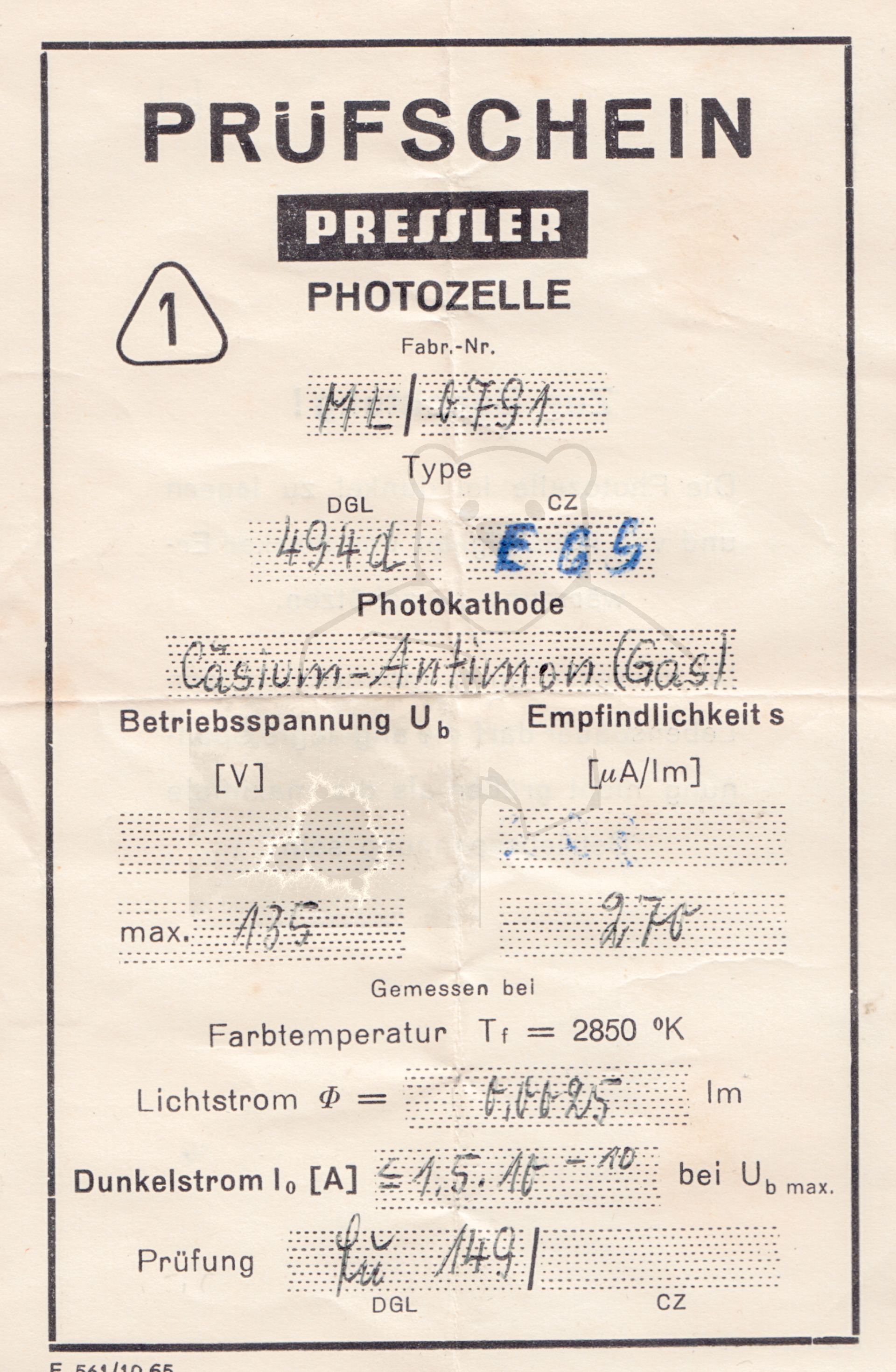 Röhre Fotozelle EG5 #8209 Prüfschein Bild 1