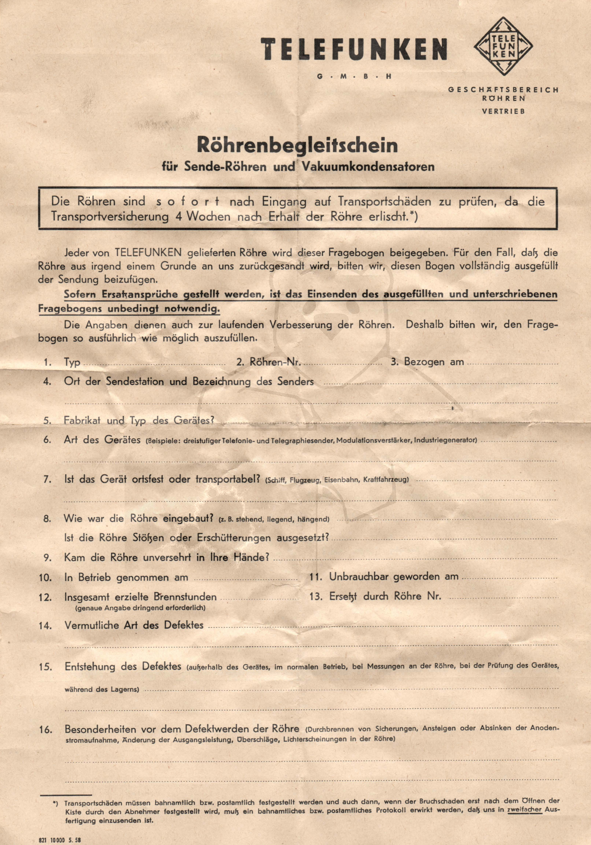 Röhre RS681 #4397 Garantiekarte Telefunken Seite 1