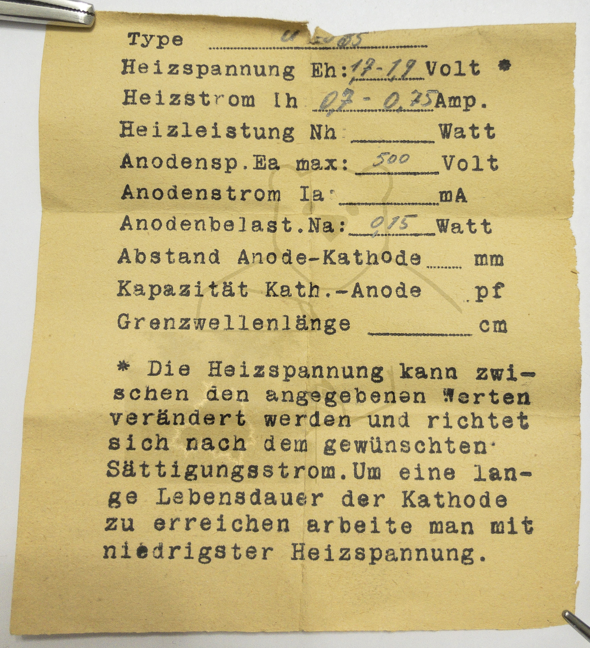 Röhre U 2085 (Gundelach) #8223 Beipackzettel