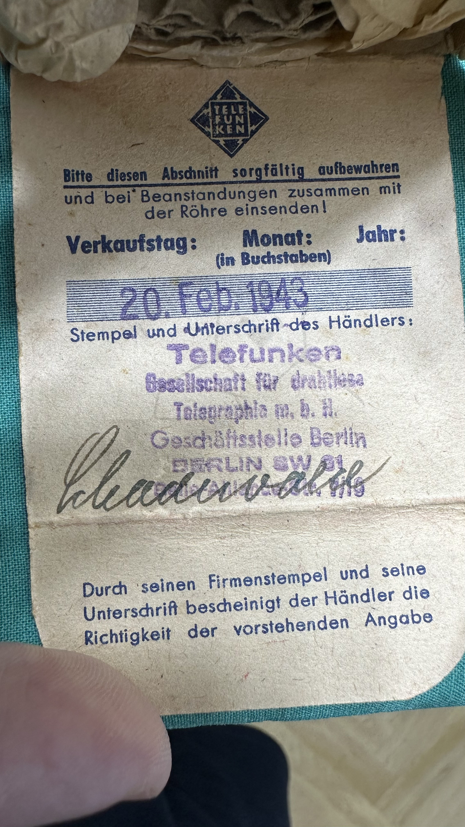 Röhre VF3 #6813 Ausgefüllte Garantielasche
